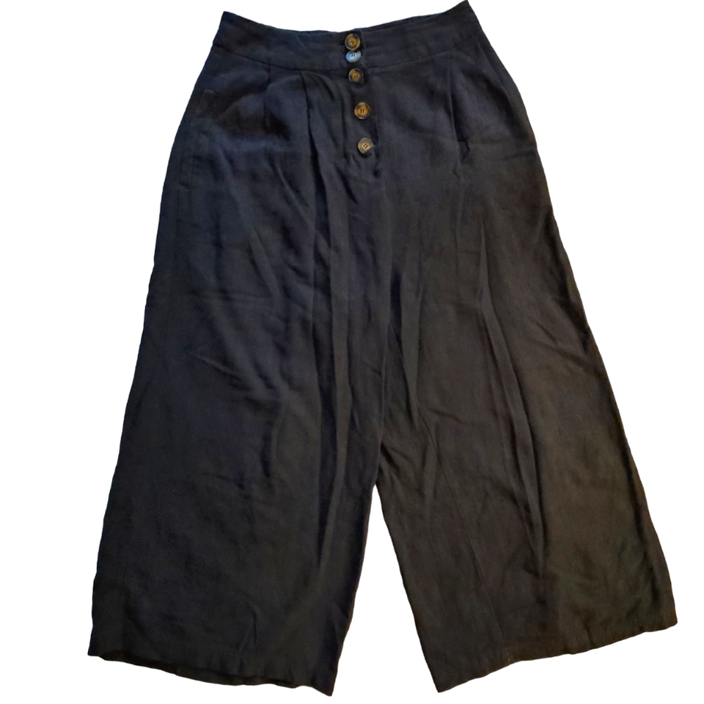 LINEN LUX | Wide leg cropped linen black pull on pants (Size XS) - Picture 1 of 6